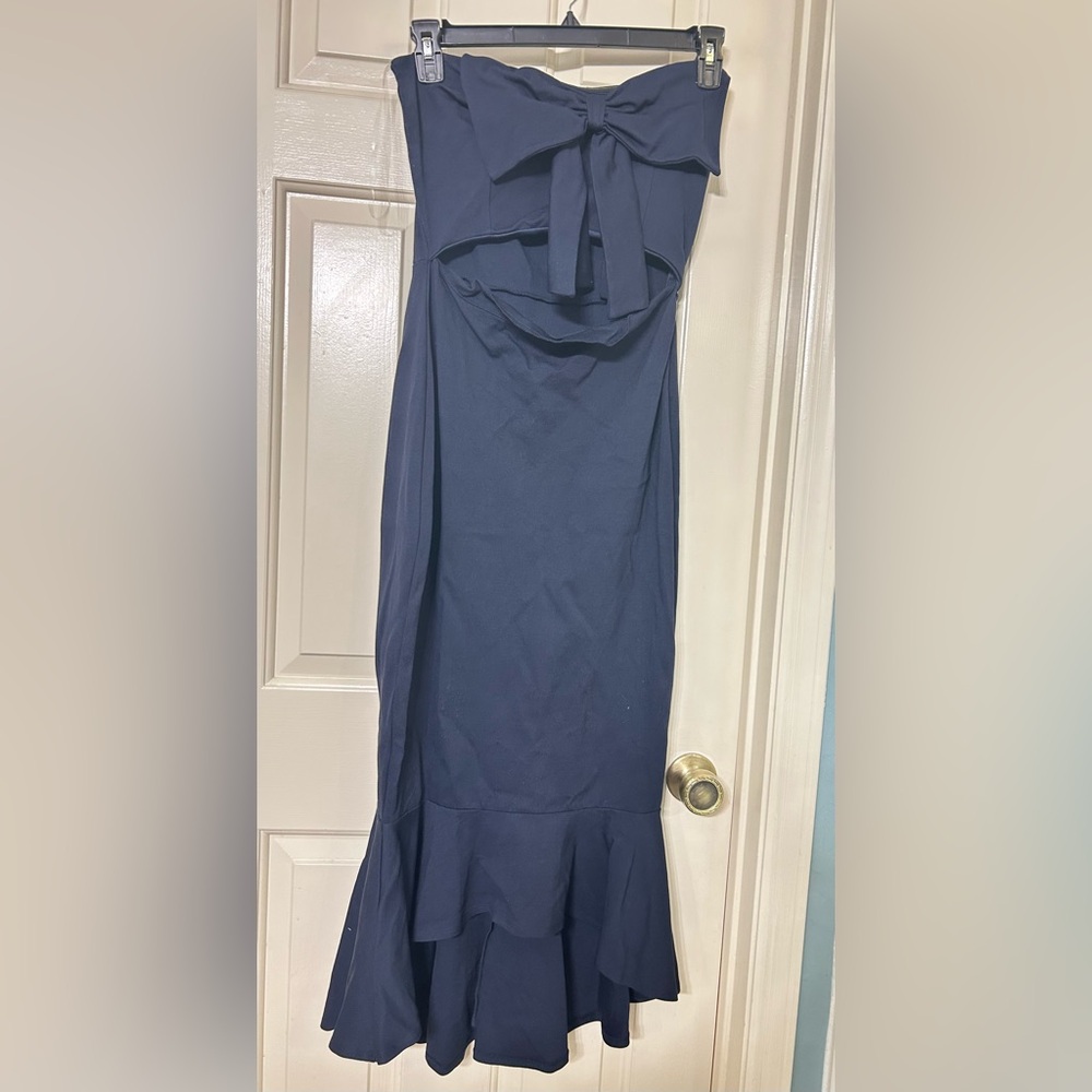 Vici Libby Strapless Cutout Ruffle Midi Dress - navy blue